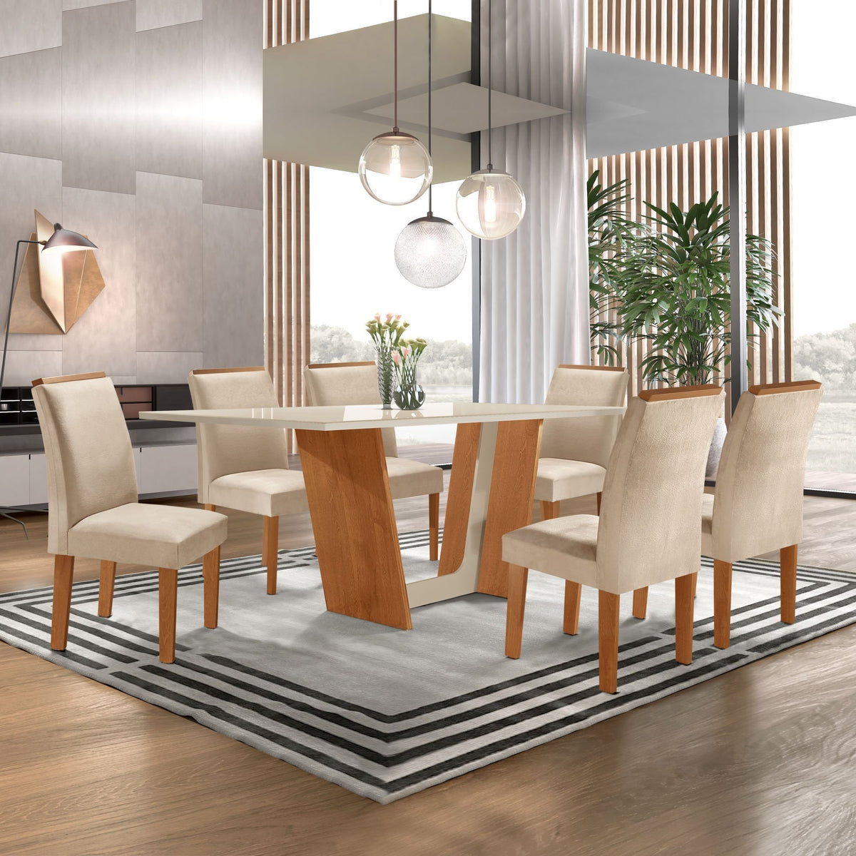 Conjunto Sala de Jantar Mesa Tampo Dakota Plus Vidro 160x80cm com 6 Cadeiras Luisa Cia dos Móveis