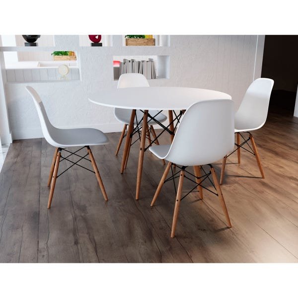 Conjunto Mesa 4 Cadeiras Brancas Eiffel 90cm Base Madeira Tampo Branco