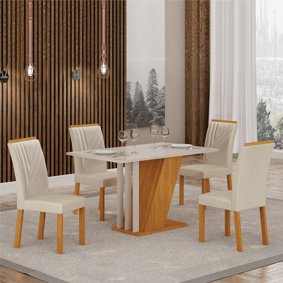 Conjunto Sala de Jantar Mesa 4 Cadeiras Tampo de Vidro Miami Cia dos Móveis Off White