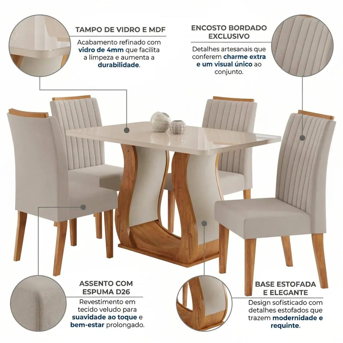 Conjunto Mesa de Jantar MDF/Vidro 4 Cadeiras Inspirare Cia dos Móveis Bege/Mel - Foto 4