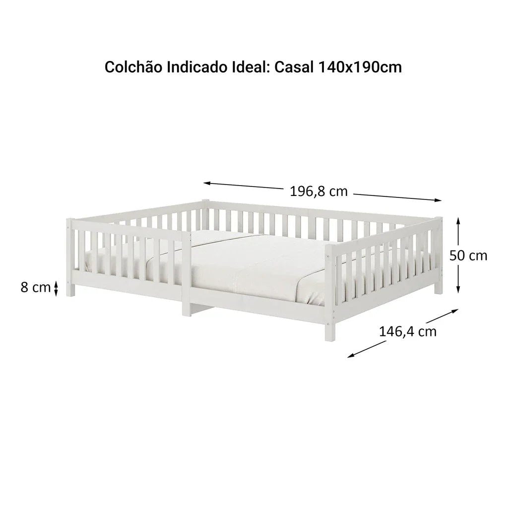 Cama Montessoriana Casal com Grade Eva - 100% Madeira Maciça Branca [Suporta 220kg] - Imagem 3