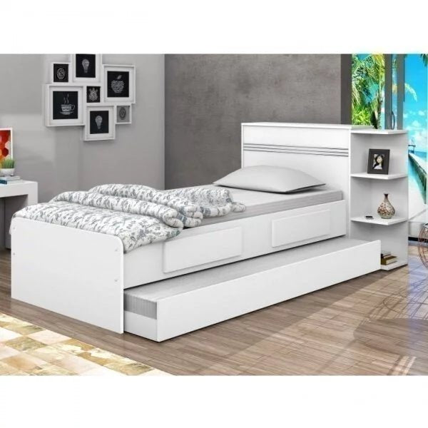 Cama Solteiro Multifuncional com Baú, 2 Gavetas e Auxiliar - 100% Madeira Maciça Branca [Jade Premium] - Imagem 9