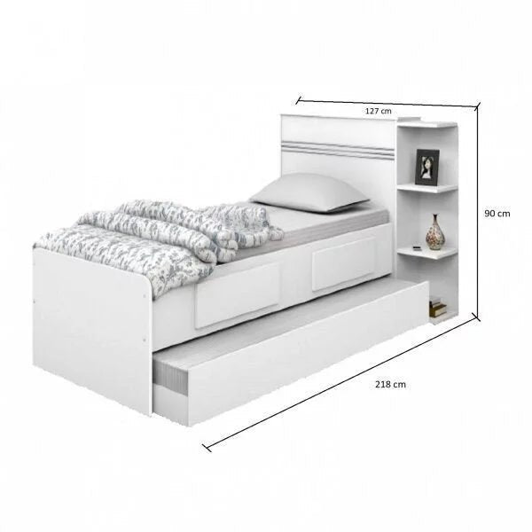 Cama Solteiro Multifuncional com Baú, 2 Gavetas e Auxiliar - 100% Madeira Maciça Branca [Jade Premium] - Imagem 5