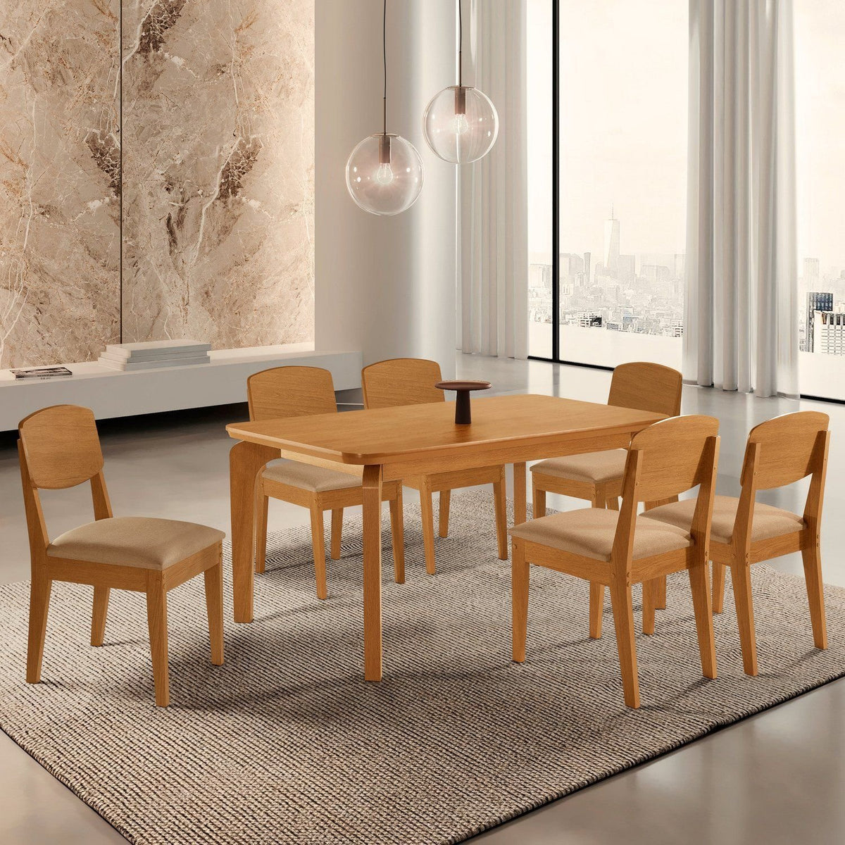Conjunto Sala de Jantar Mesa Tampo 180cm Canto Copo de MDF e 6 Cadeiras Dublin Cleo Cia dos Móveis