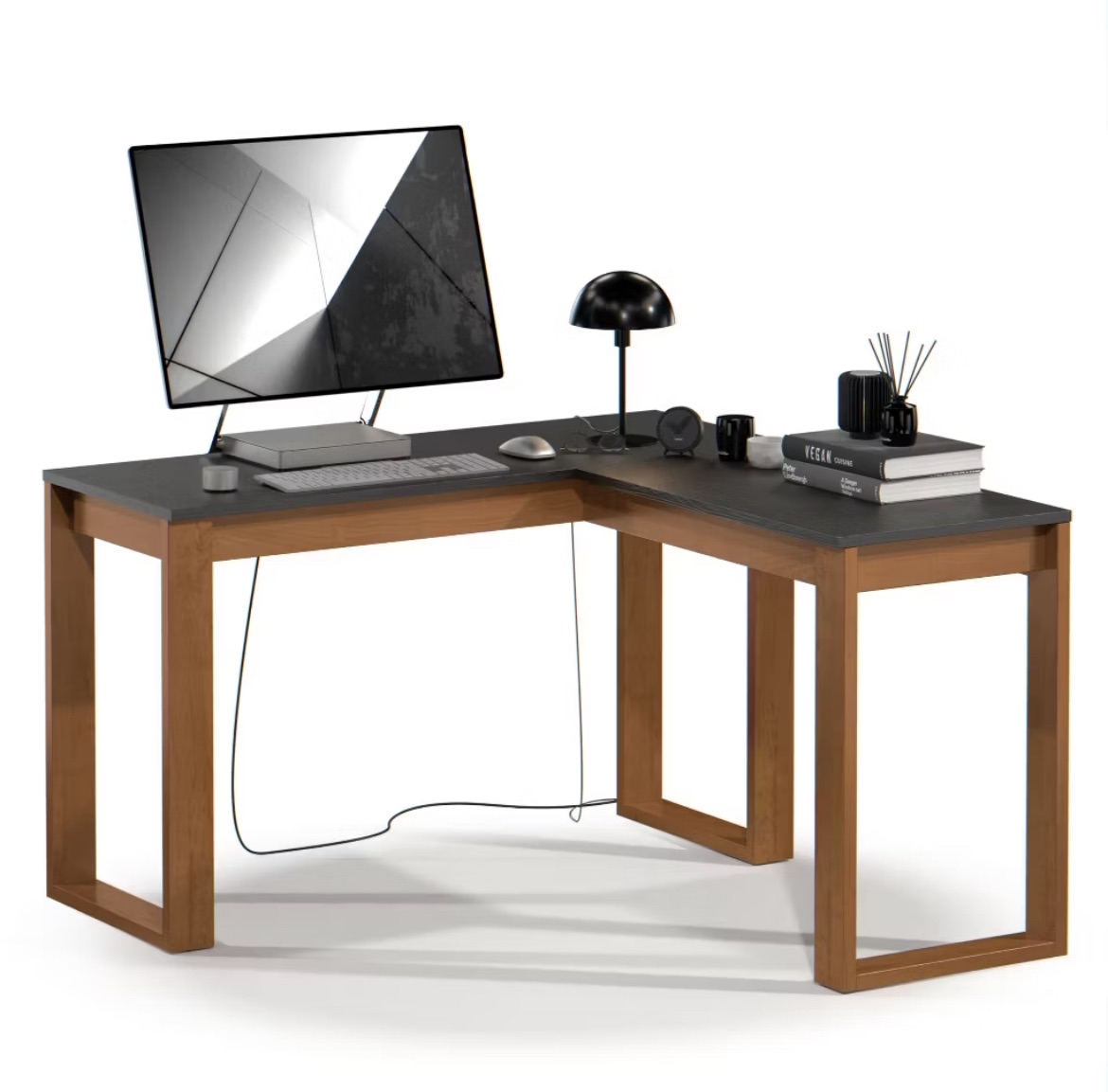 Mesa Escrivaninha de Canto em L Berlim Home Office - 100% MDF Preto/Cinamomo [Design Industrial] - Imagem 11