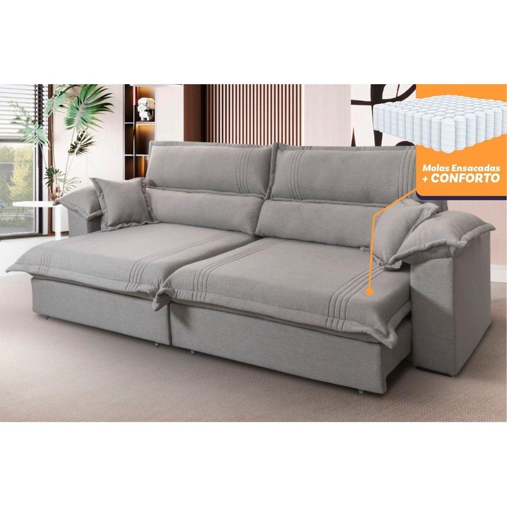 Sofá Retrátil Reclinável 2,30m Nivus Cinza c/ Molas Ensacadas - King House - Imagem 3