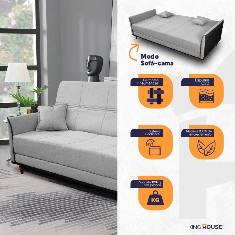 Sofá Cama Sérvia 2,00m Cinza Linho Rustico