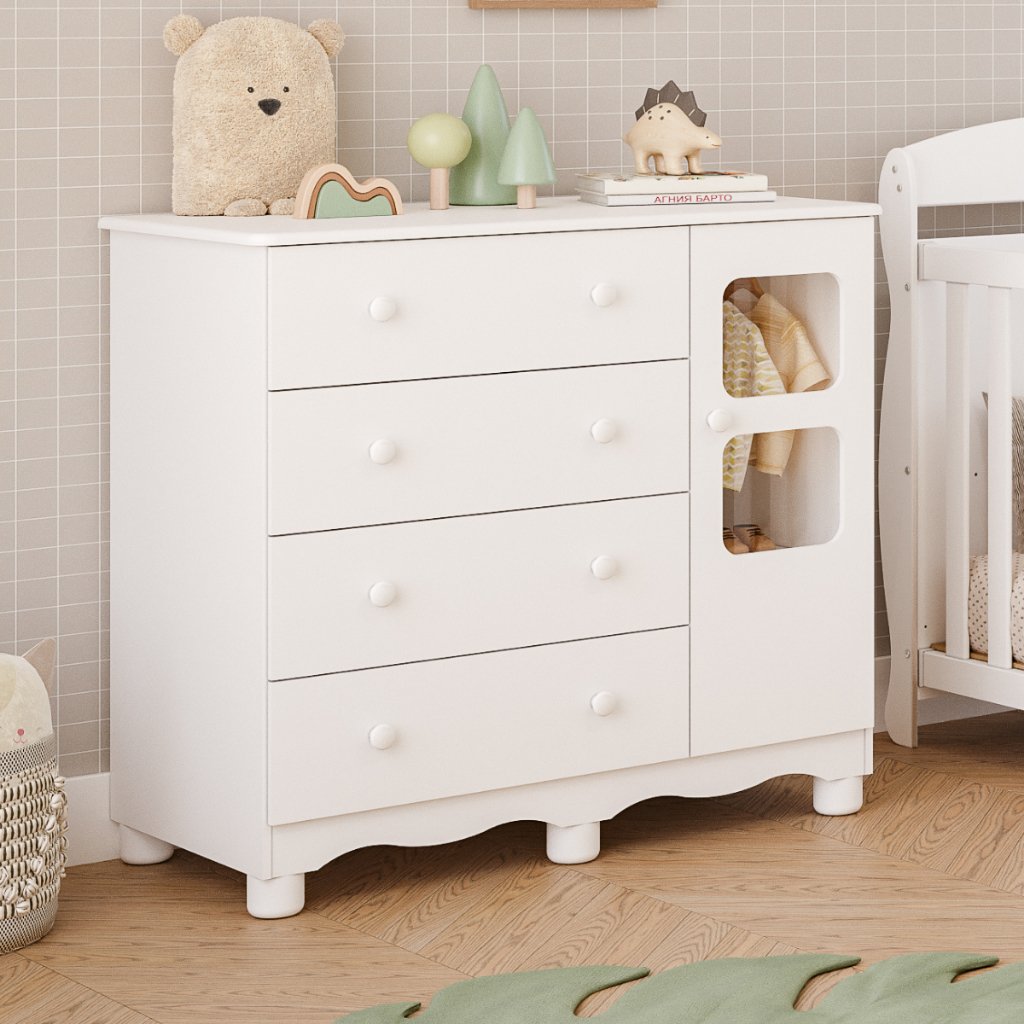 Cômoda de Bebê Infantil 1 Porta com Janela 4 Gavetas 100% MDF
