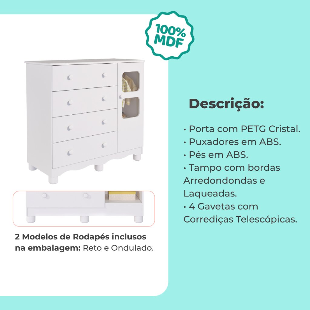 Cômoda de Bebê Infantil 1 Porta com Janela 4 Gavetas 100% MDF - Imagem 3