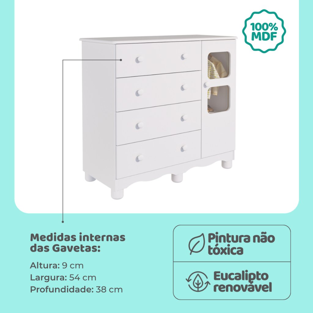 Cômoda de Bebê Infantil 1 Porta com Janela 4 Gavetas 100% MDF - Imagem 4