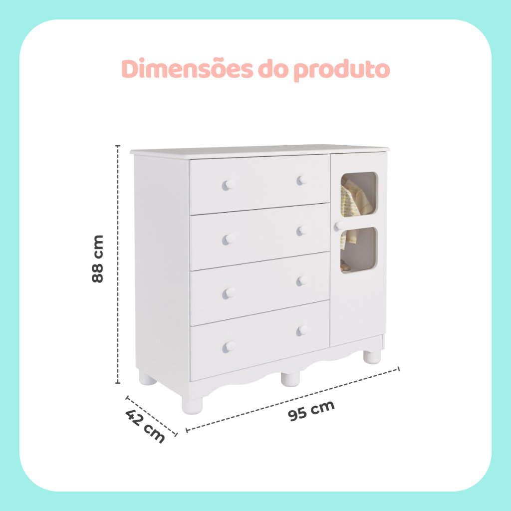 Cômoda de Bebê Infantil 1 Porta com Janela 4 Gavetas 100% MDF - Imagem 8