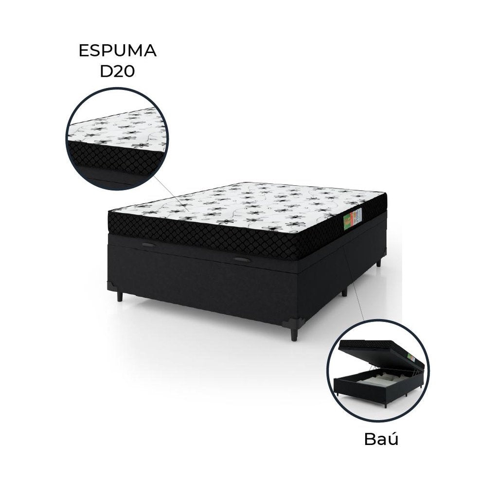 Cama Box Com Baú Casal Colchão Espuma 138x188x53cm Polar Branco / Preto - Imagem 3