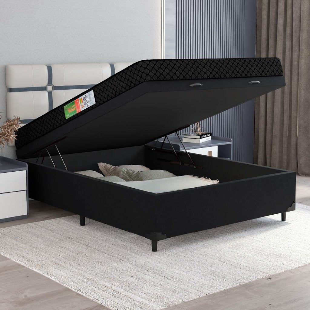 Cama Box Com Baú Casal Colchão Espuma 138x188x53cm Polar Branco / Preto - Imagem 5