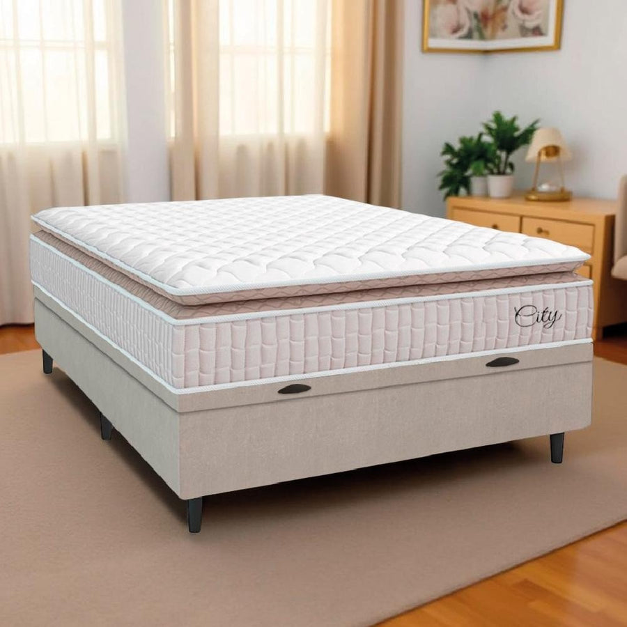 Cama Box Baú Colchão Casal Molas Ensacadas City Pillow Top 138x188x64cm Branco / Bege Hellen - Imagem 2