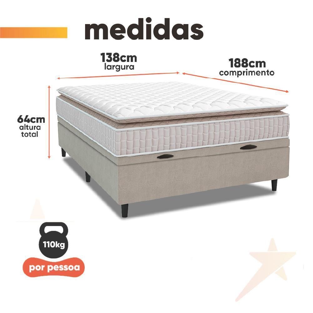 Cama Box Baú Colchão Casal Molas Ensacadas City Pillow Top 138x188x64cm Branco / Bege Hellen - Imagem 3