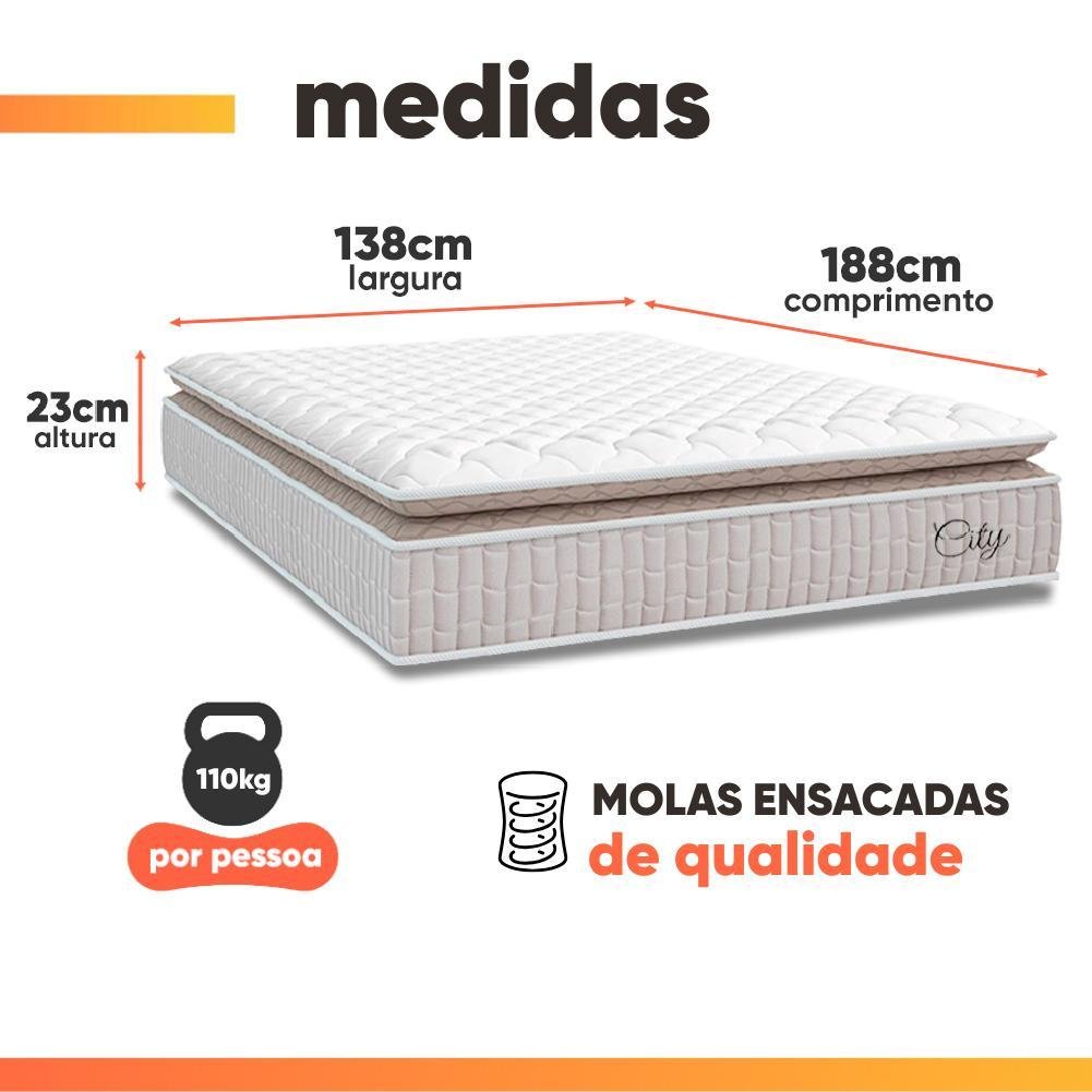 Cama Box Baú Colchão Casal Molas Ensacadas City Pillow Top 138x188x64cm Branco / Bege Hellen - Imagem 4