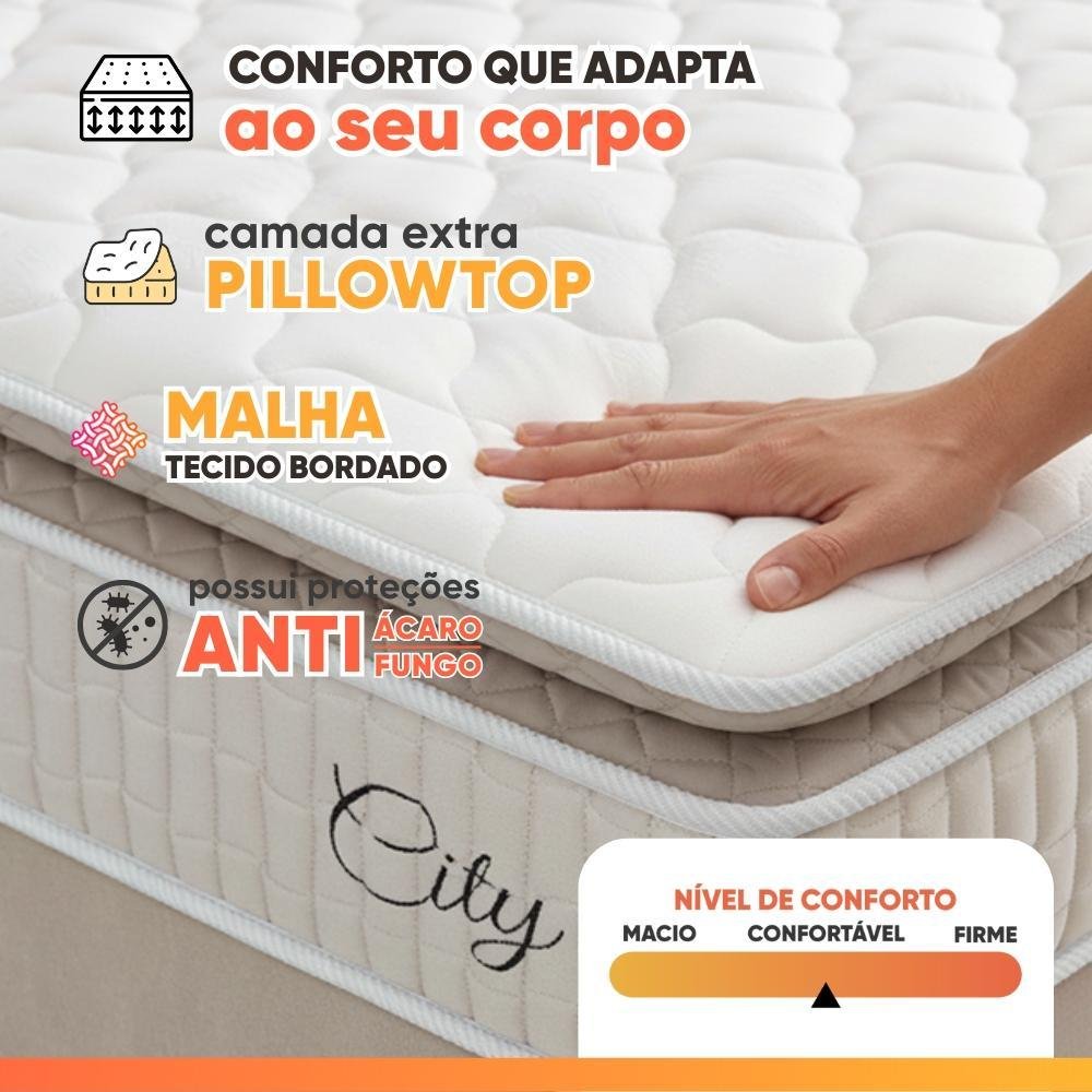Cama Box Baú Colchão Casal Molas Ensacadas City Pillow Top 138x188x64cm Branco / Bege Hellen - Imagem 6