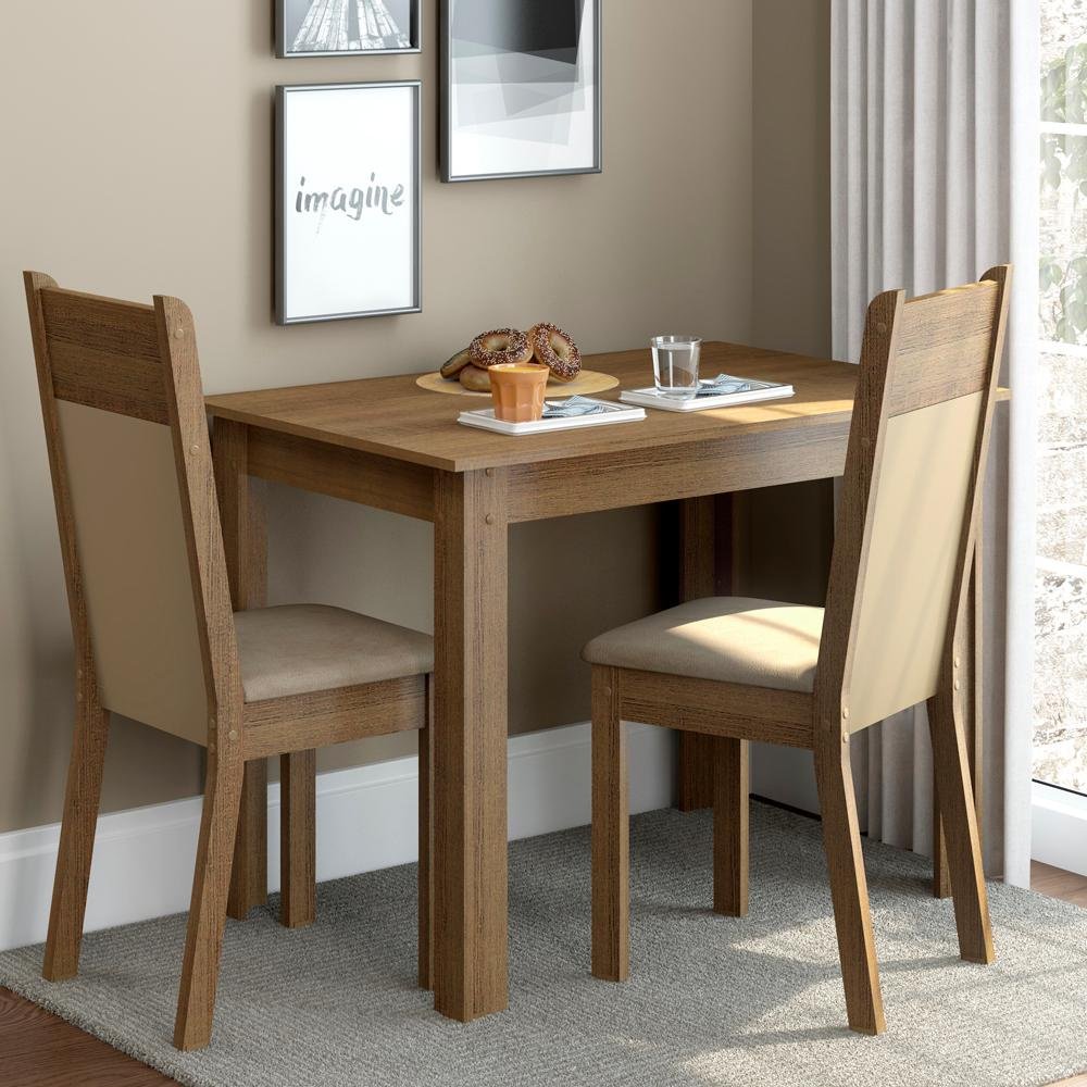 Conjunto Sala de Jantar Mesa Tampo de Madeira com 2 Cadeiras