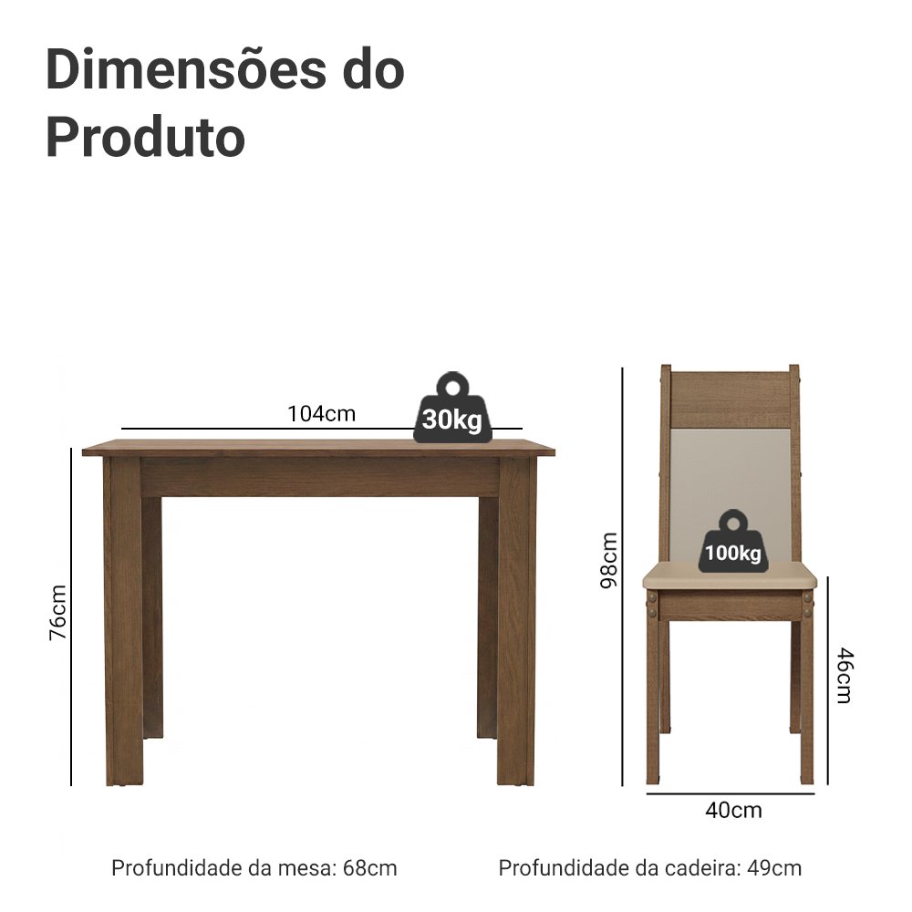 Conjunto Sala de Jantar Mesa Tampo de Madeira com 2 Cadeiras - Imagem 3