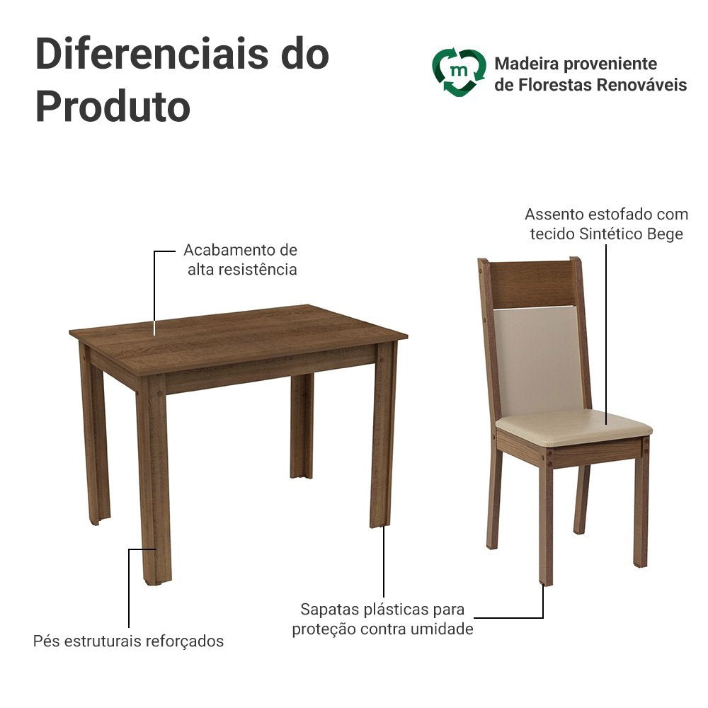 Conjunto Sala de Jantar Mesa Tampo de Madeira com 2 Cadeiras - Imagem 4
